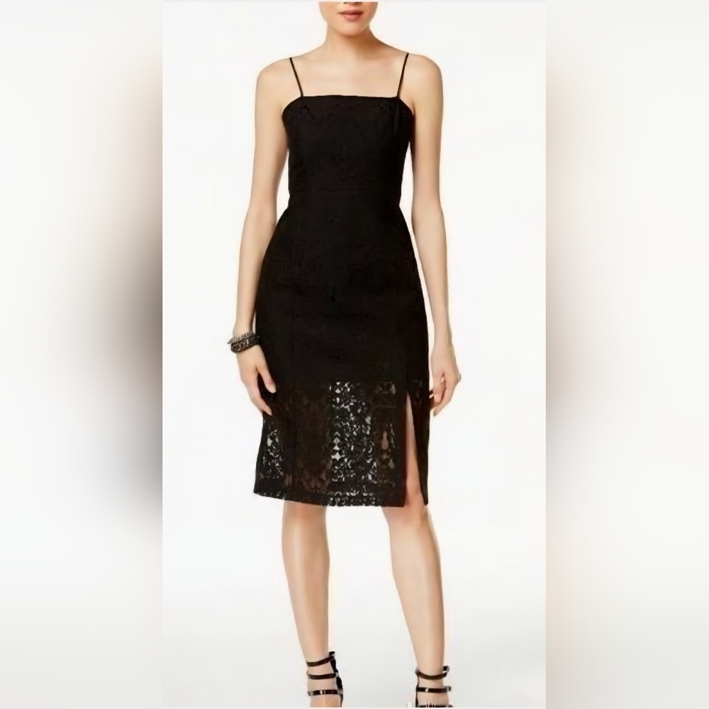 NWT BCBGeneration Black Lace Square-Neck Fitted Midi Dress LBD Romantic
